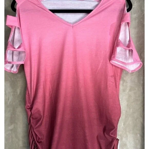 Womens V Neck Short Sleeve Cold Shoulder Cutouts Shirt Light Rose Burgundy, Wine - Picture 9 of 16